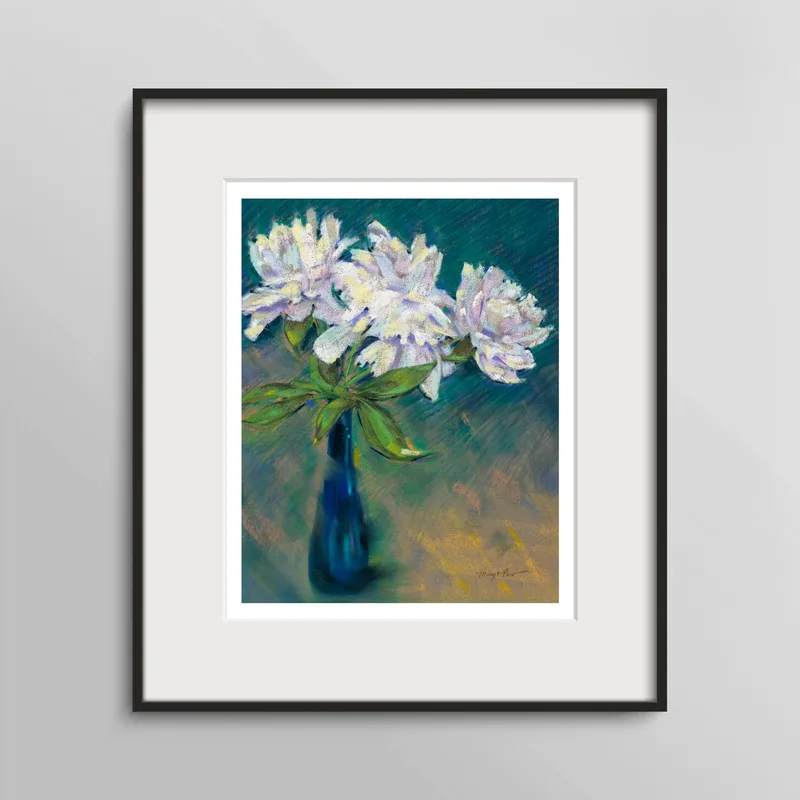 Blue Bottle, White Peonies (print)